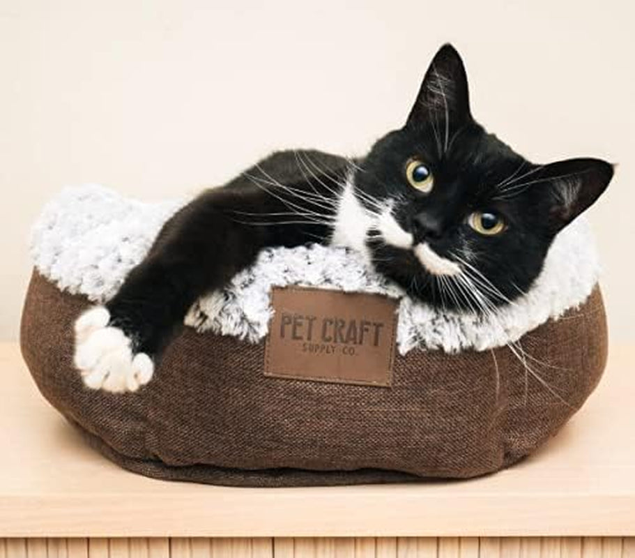 Soho round Cat Bed for Indoor Cats, Ultra Soft Plush, Memory Foam, Machine Washable, Calming Cat Bed,Brown, Small