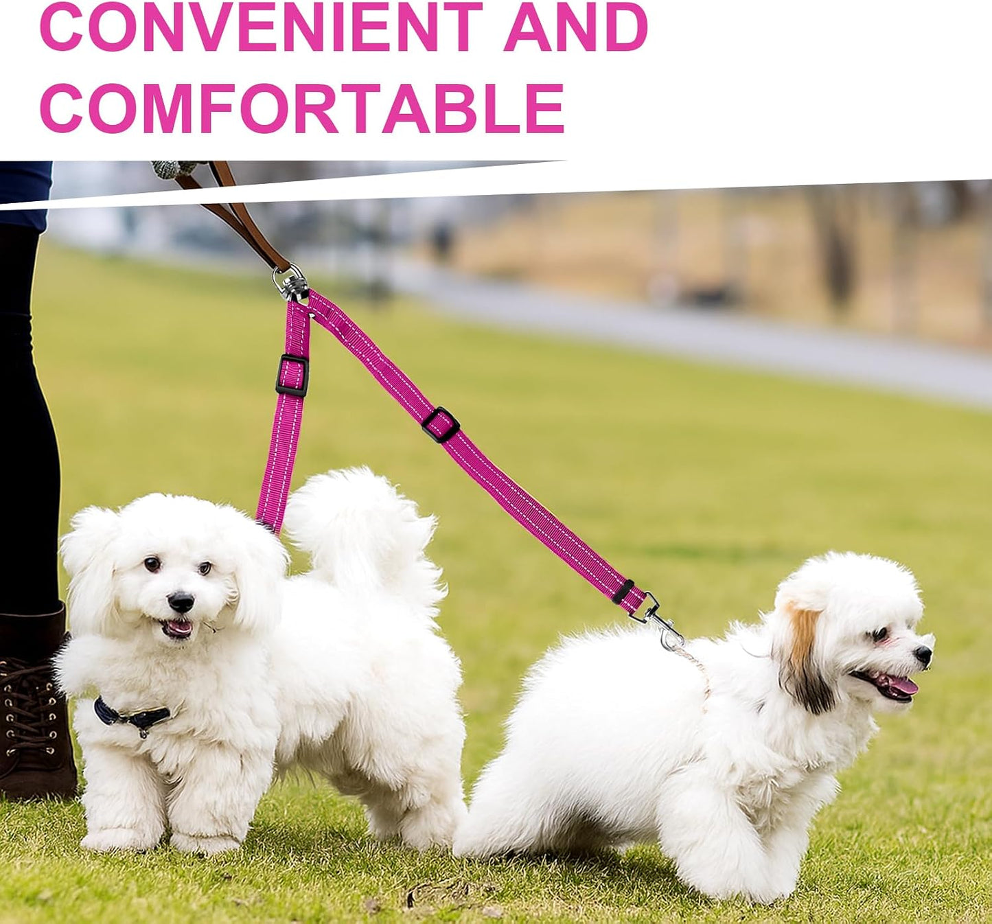 Mingxpet Double Dog Leash for Two Dogs, No Pull Dog Leash, 360° Swivel No Tangle for Small Dogs Walking & Training, Shock Absorbing Reflective Bungee, Rose
