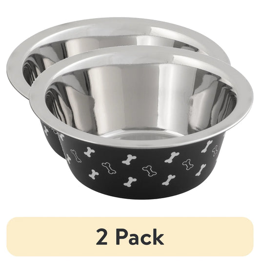 (2 Pack) Medium Stainless Steel Dog Bowl, Black with Bones, 25.75 Fluid Ounces