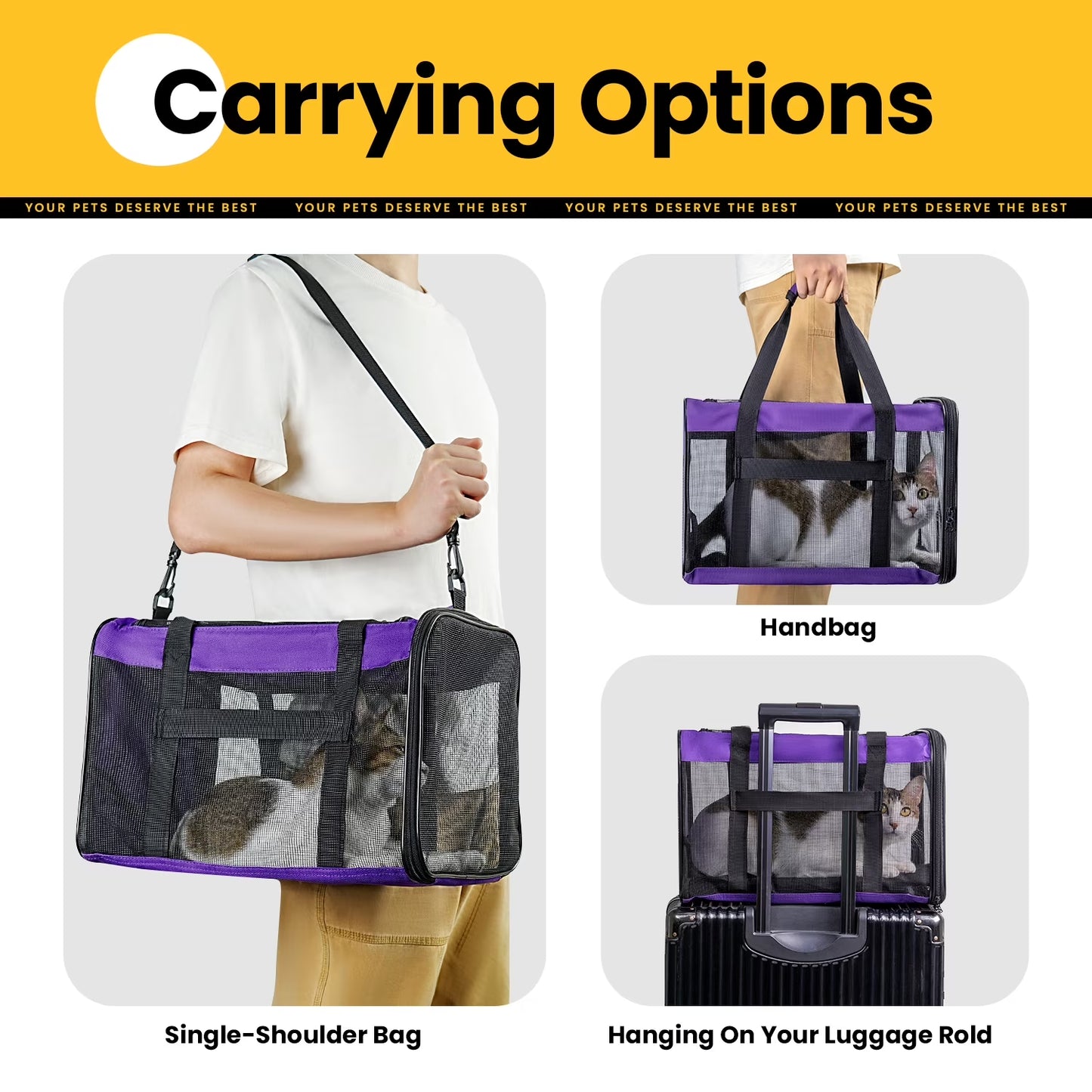 Conlun Cat Carrier,Soft-Sided Cat Carriers with 4-Sided Mesh,Airline Approved Pet Transport Carrier,Collapsible Cat Travel Carrier-Purple