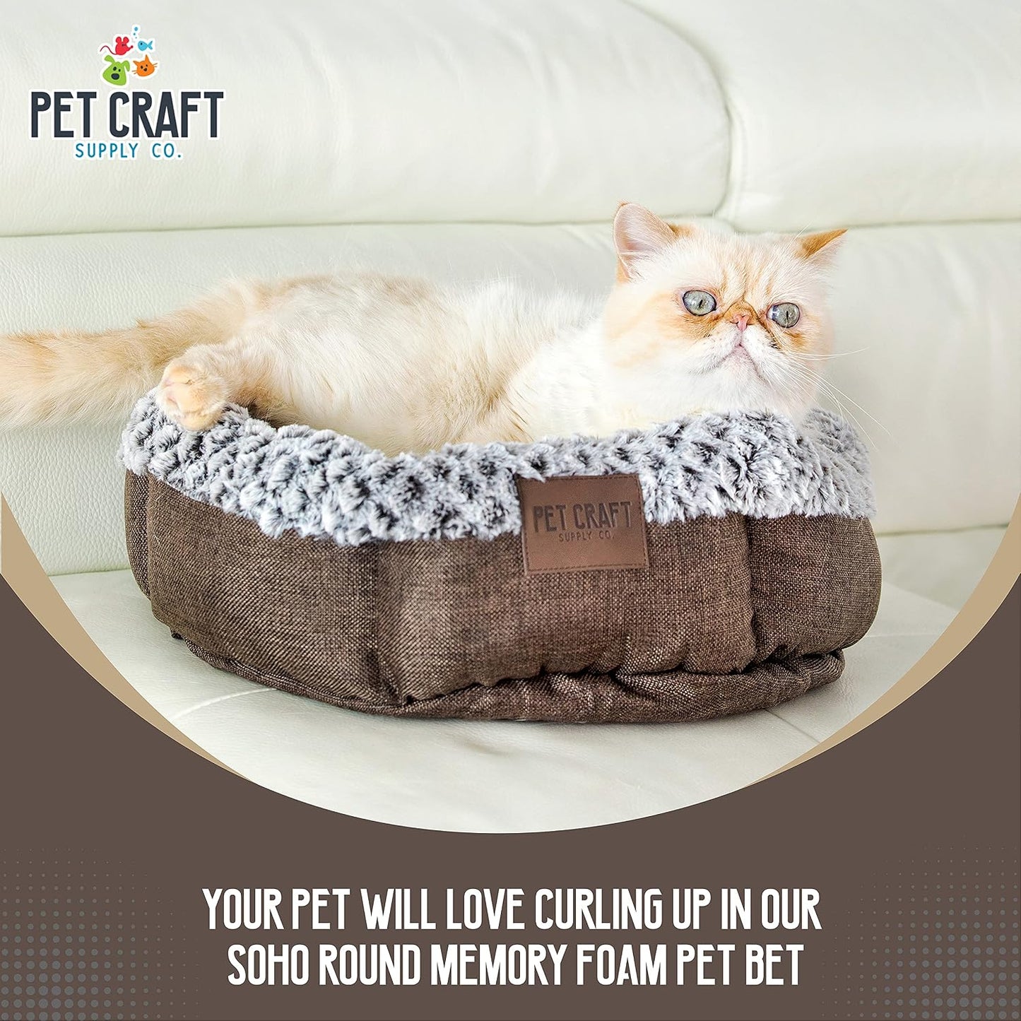 Soho round Cat Bed for Indoor Cats, Ultra Soft Plush, Memory Foam, Machine Washable, Calming Cat Bed,Brown, Small