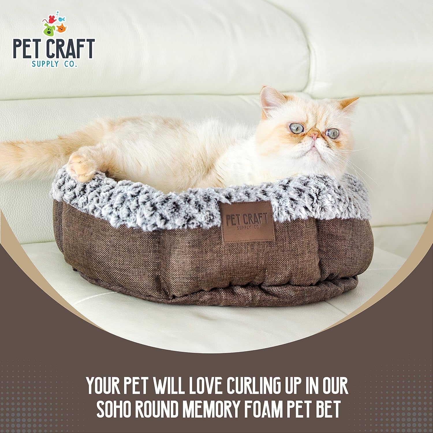 Soho round Cat Bed for Indoor Cats, Ultra Soft Plush, Memory Foam, Machine Washable, Calming Cat Bed,Brown, Small