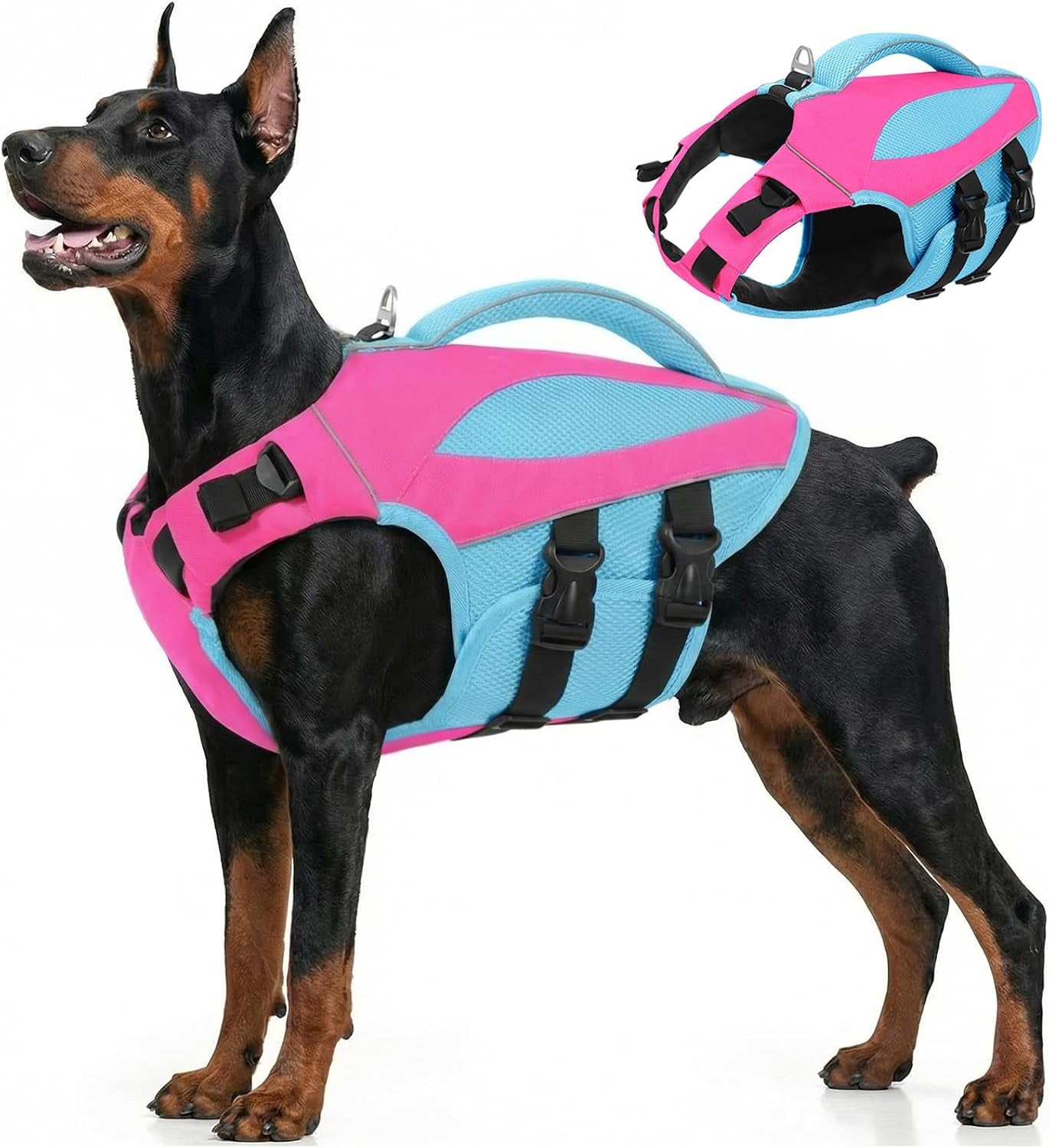 Dog Life Jacket, Dog Life Vests for Swimming Boating, High Buoyancy Pet Swim Vest Swimsuit with Rescue Handle and Reflective Strips, Adjustable Pet Lifesaver for Dogs (Hot Pink with Blue L)