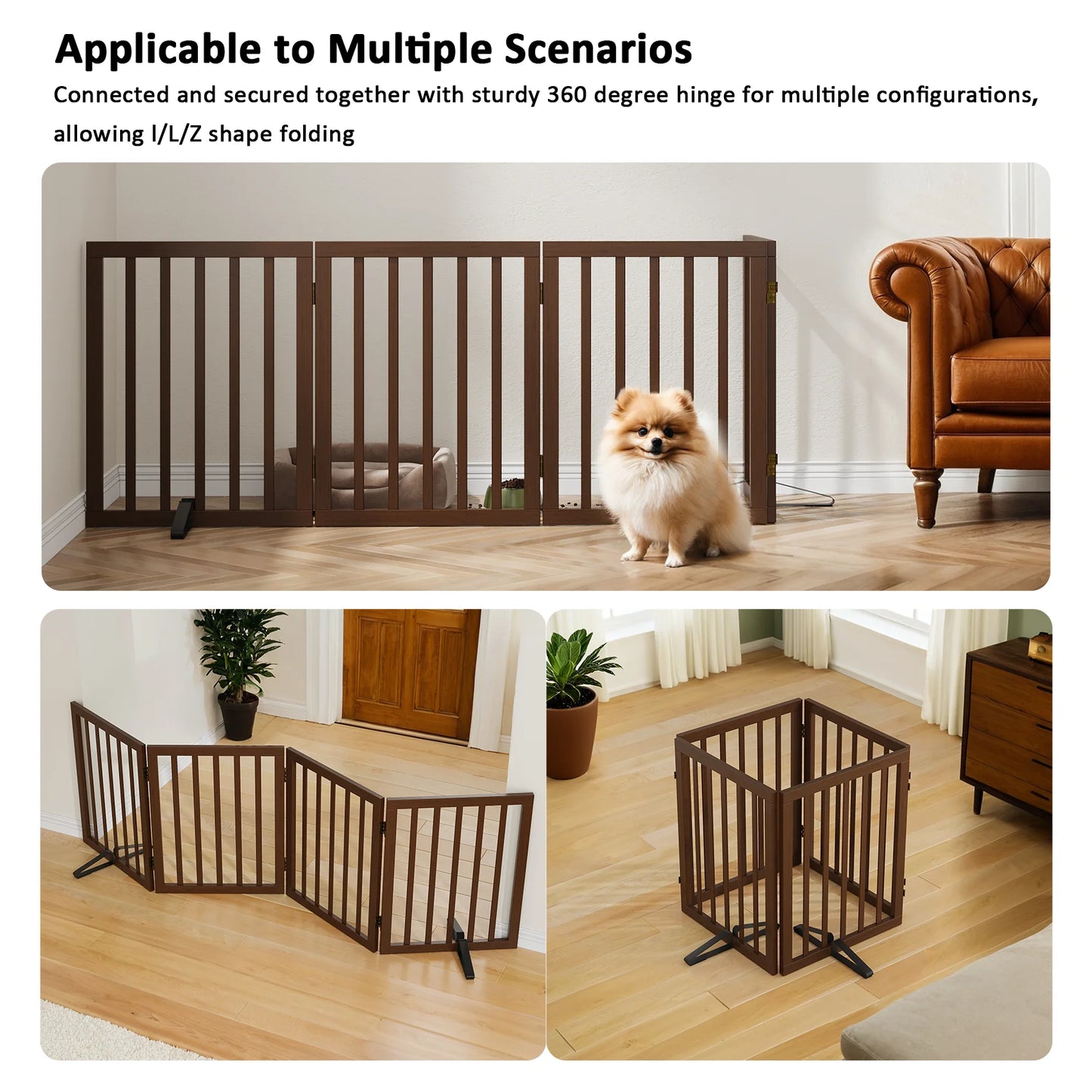 Bamboo Dog Gate Freestanding 4 Panel Pet Gate for Doorways, 2 Support Feet, Espresso