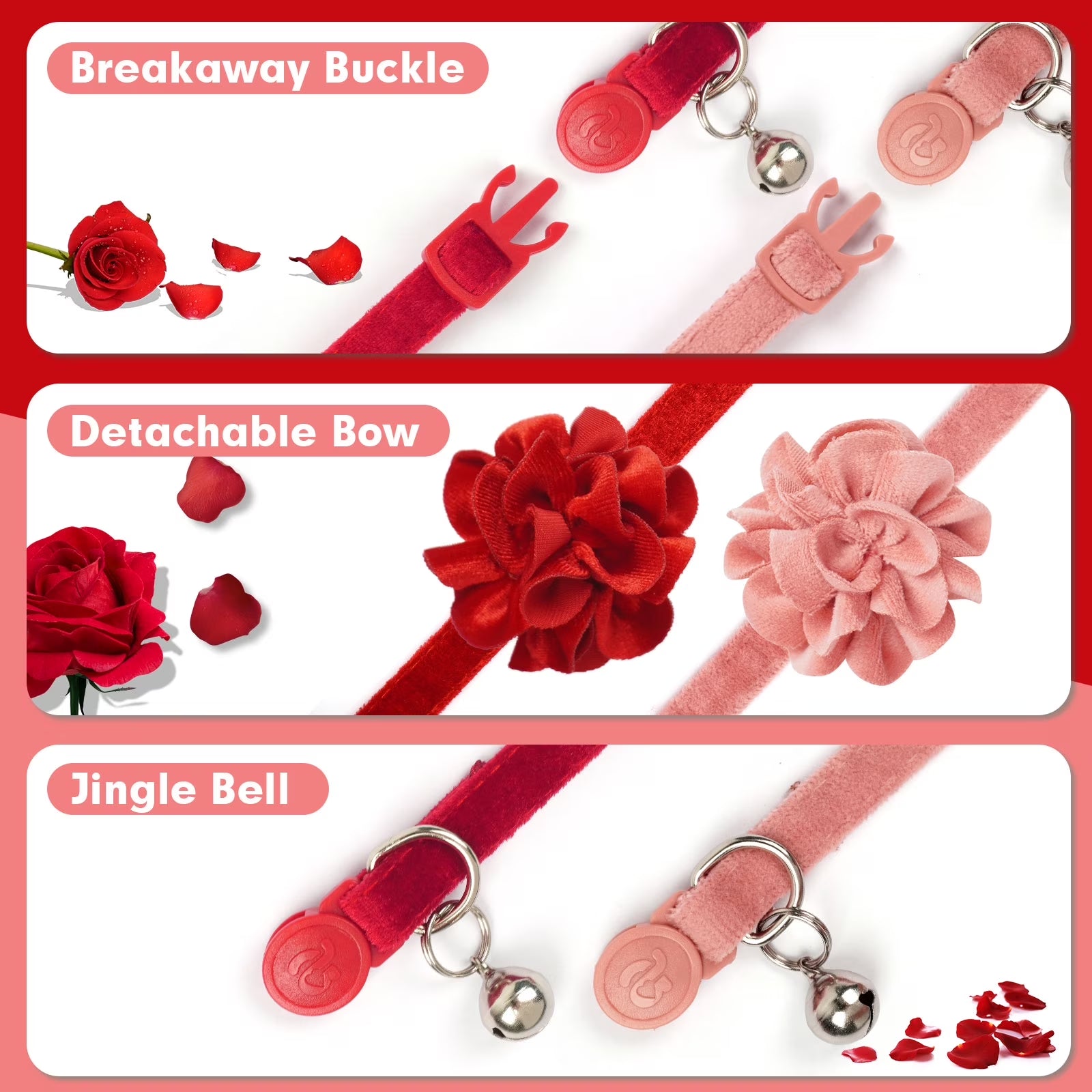 2 Pack Cat Collar Floral with Bell and Removable Flower Bowtie Breakaway Adjustable Velvet Fabric Cat Collar for Pets Holiday Party and Daily Decoration, Wine Red & Rose Pink