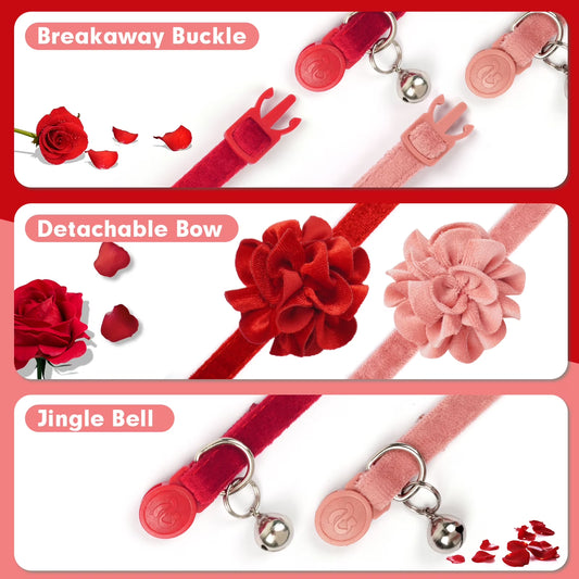 2 Pack Cat Collar Floral with Bell and Removable Flower Bowtie Breakaway Adjustable Velvet Fabric Cat Collar for Pets Holiday Party and Daily Decoration, Wine Red & Rose Pink