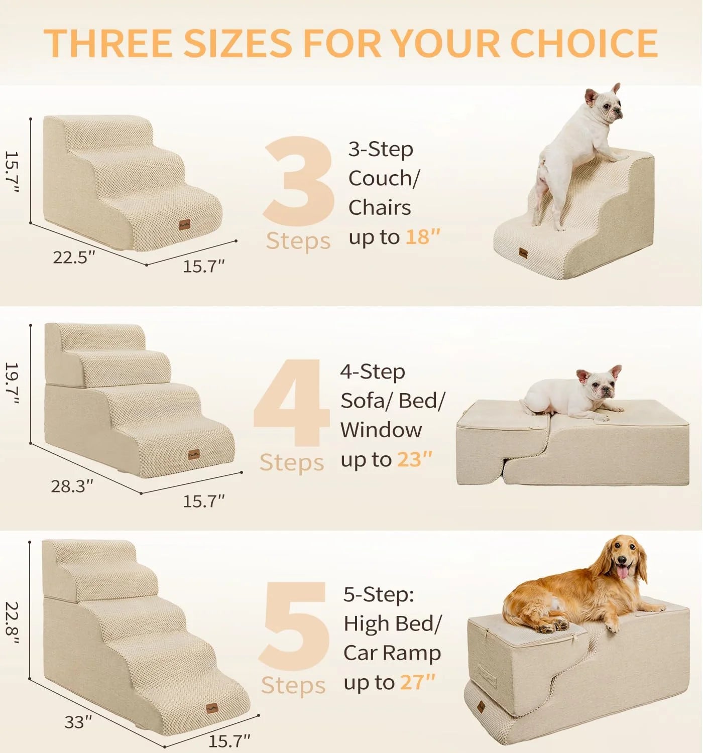 Dog Stairs Ramp for Bed, 4-Step Dog Steps for High Bed Couch Sofa Climbing, Beige