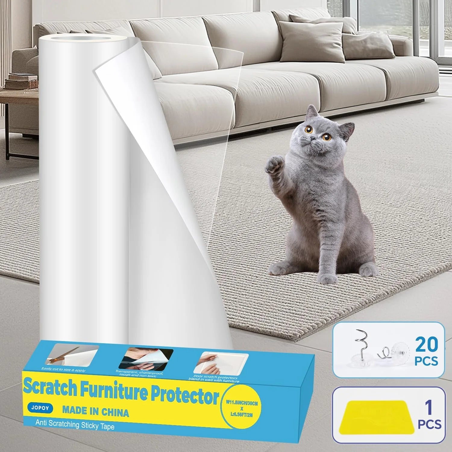 Cat Scratch Furniture Protector: Cat anti Scratch Tape - Door Protector from Dog Scratching - Clear Training Self Adhesive Tape for Carpet, Sofa, Couch, Door (Transparent, 7.87" X 9.8FT)