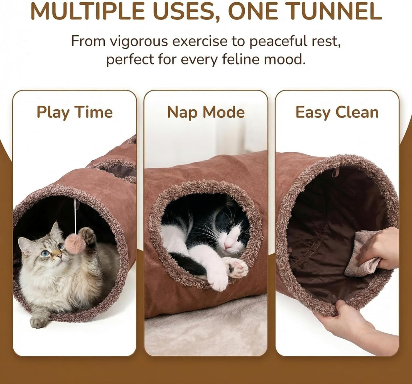 51"X 12" Collasiple Cat Play Tunnel, Cats Tubes and Tunnels, Cat Foldable Hide and Seek Tunnel Toy, Brown Suede Pet Tube Toy for Rabbits, Ferrets, Puppy, Diameter 12 Inch