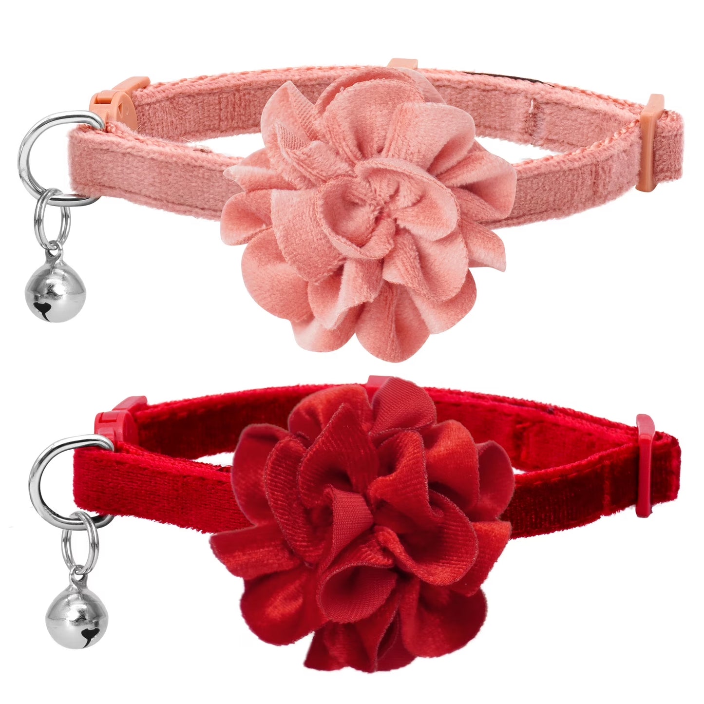 2 Pack Cat Collar Floral with Bell and Removable Flower Bowtie Breakaway Adjustable Velvet Fabric Cat Collar for Pets Holiday Party and Daily Decoration, Wine Red & Rose Pink