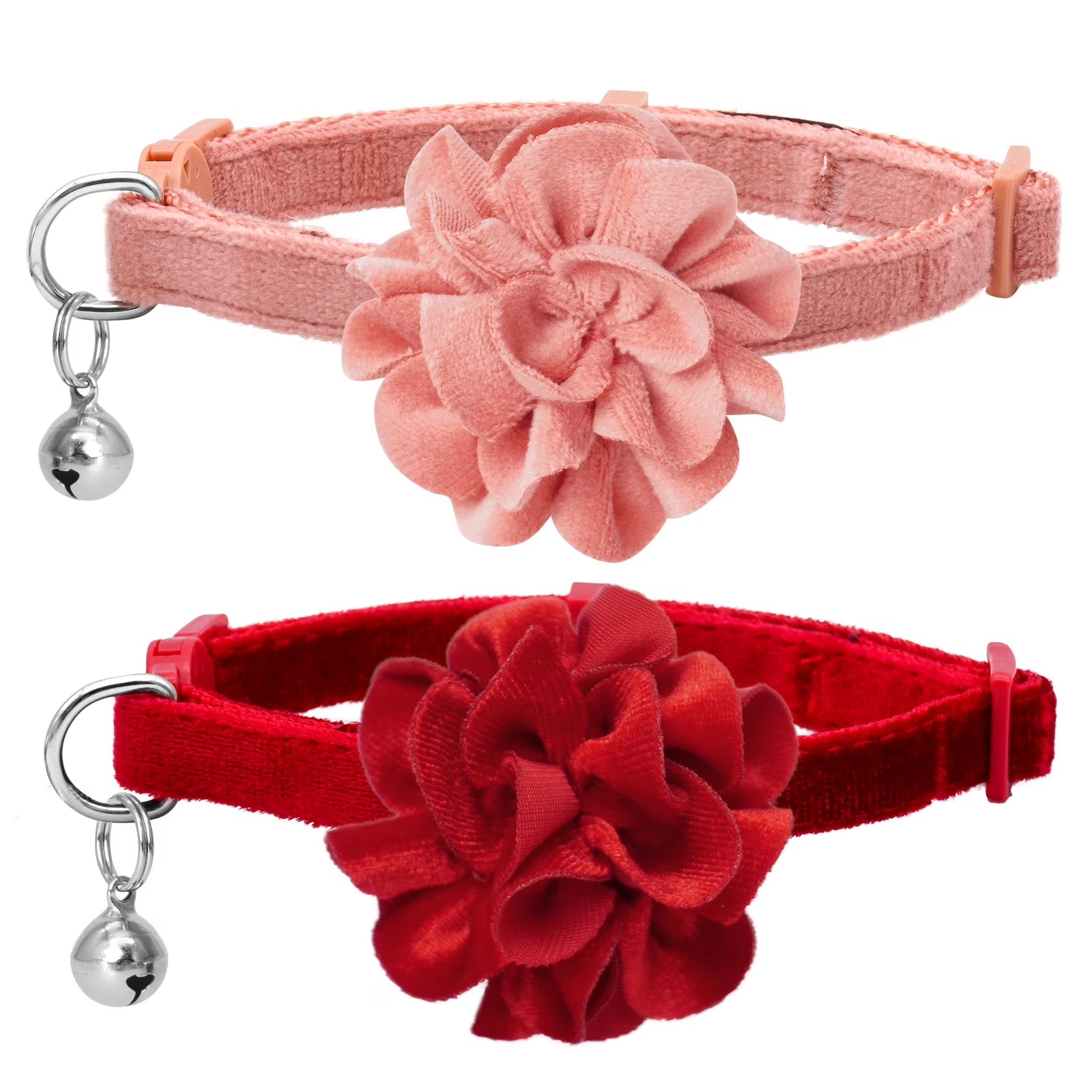 2 Pack Cat Collar Floral with Bell and Removable Flower Bowtie Breakaway Adjustable Velvet Fabric Cat Collar for Pets Holiday Party and Daily Decoration, Wine Red & Rose Pink