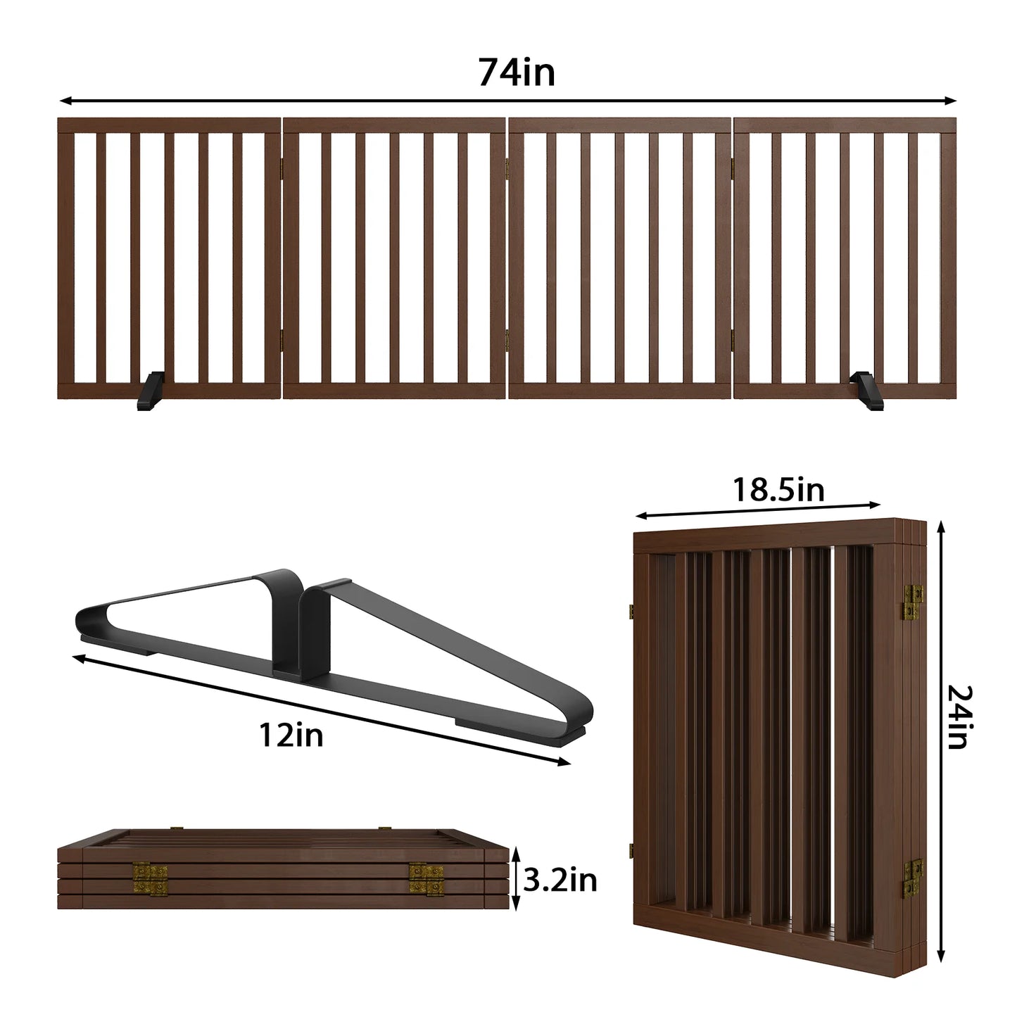 Bamboo Dog Gate Freestanding 4 Panel Pet Gate for Doorways, 2 Support Feet, Espresso