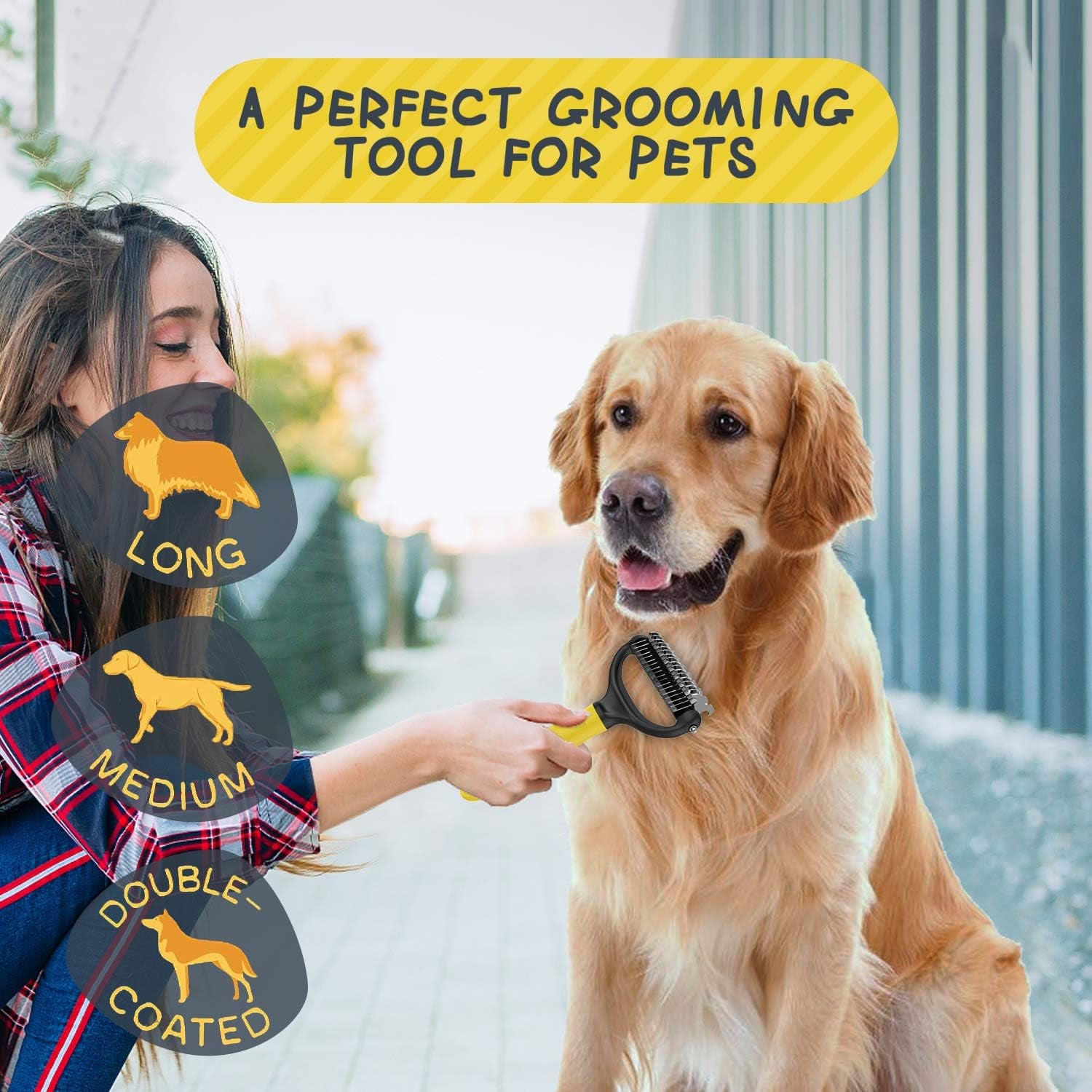 Brush Dog Brush - Double Sided Undercoat Rake for Dogs and Cats, Safe and Gently Dog Brush for Shedding and Dematting, Shedding Comb for Mats & Pet Dematting Tool for Grooming-Yellow