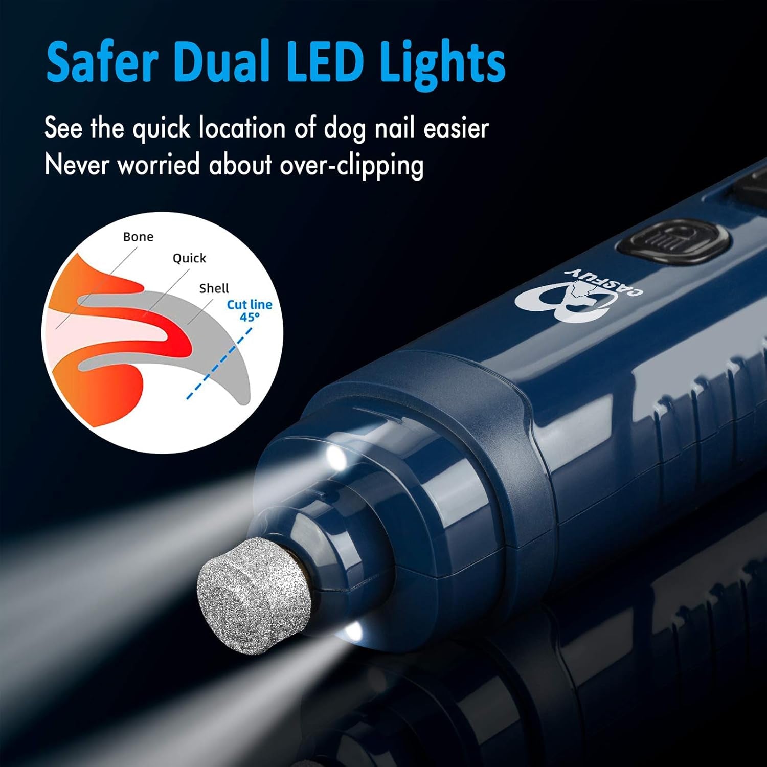 Dog Nail Grinder with 2 LED Light - 4.8V Super Powerful 2-Speed Electric Pet Nail Trimmer for Medium Large Dogs Quiet Rechargeable Painless Paws Grooming & Smoothing Tool (Dark Blue)