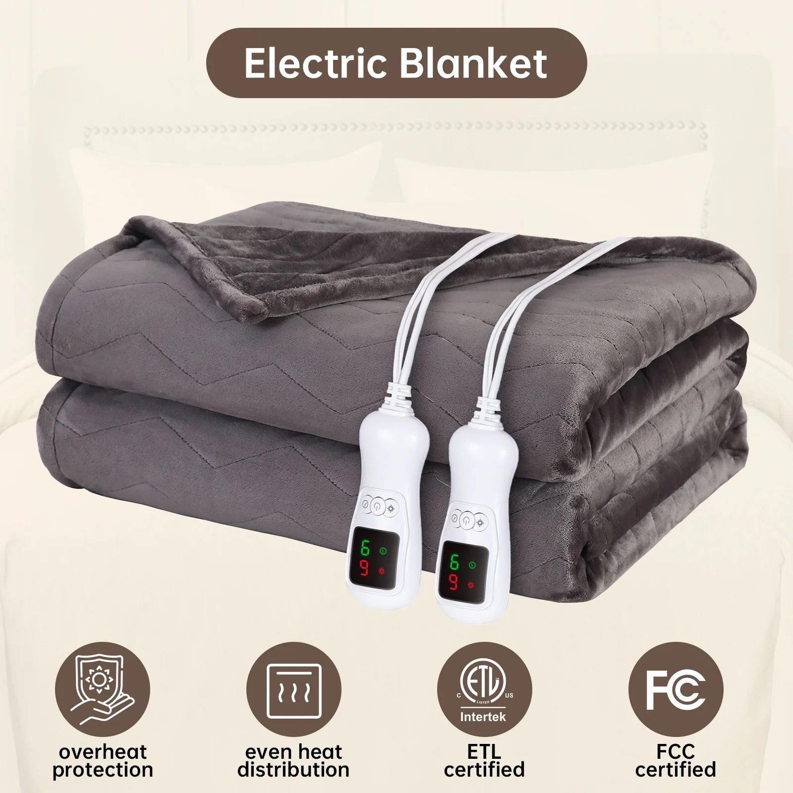 Heated Blanket Queen Size, Washable Heated Blanket Electric, Electric Blanket, Charcoal Gray, 84" X 90", Blanket Warmer Heating Blanket Heat Warming Blanket Electric Blanket Heater