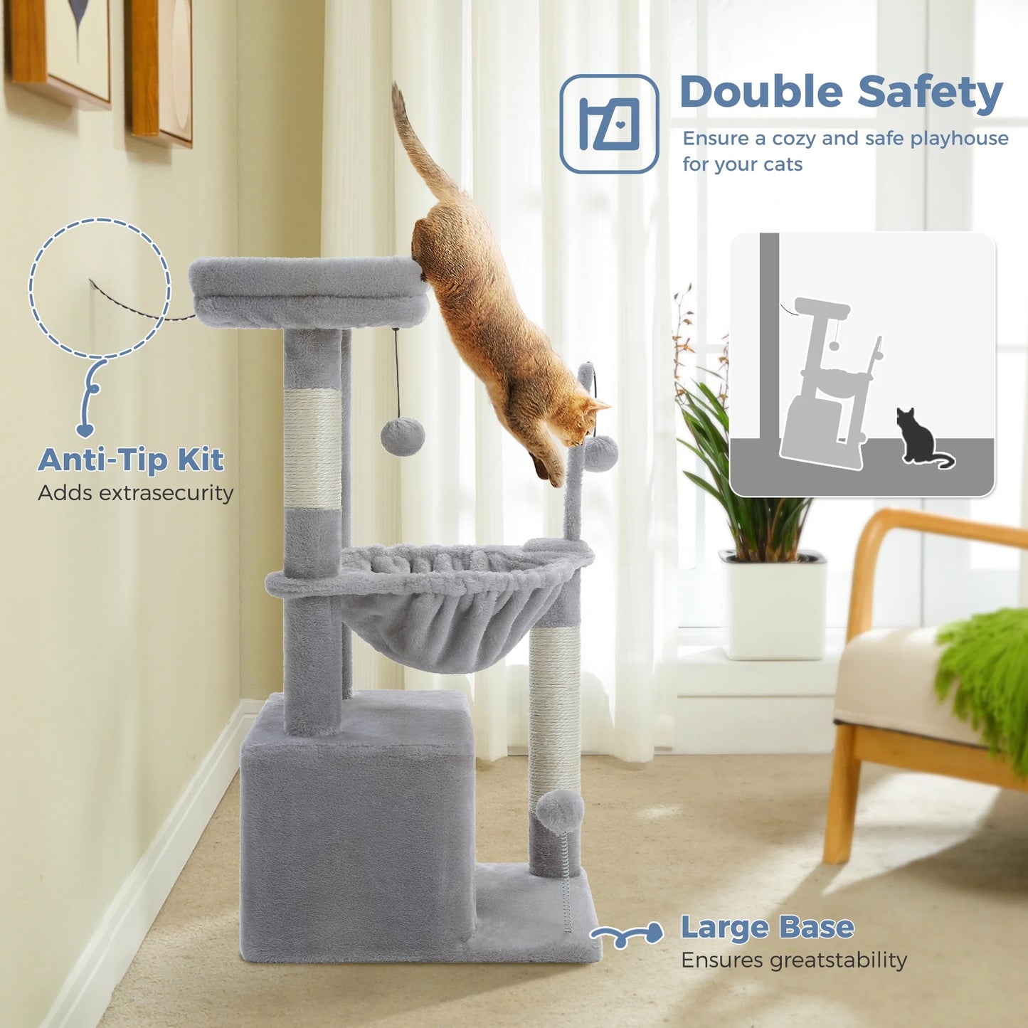 Cat Tree 33" Cat Scratching Posts Tower with Large Top Perch and Hammock for Medium Indoor Cats, Gray