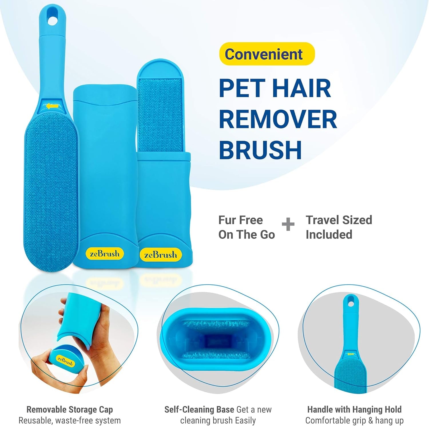 Pet Hair Remover, Reusable Pet Hair Remover, No Refill, No Waste, Double-Sided, Handheld Fur Brush Remover, Easy to Clean Hair, Best Hair Remover for Dog and Cat, Ze02, Blue