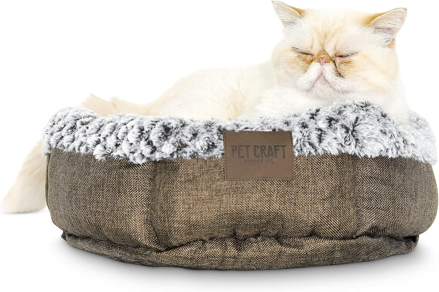 Soho round Cat Bed for Indoor Cats, Ultra Soft Plush, Memory Foam, Machine Washable, Calming Cat Bed,Brown, Small