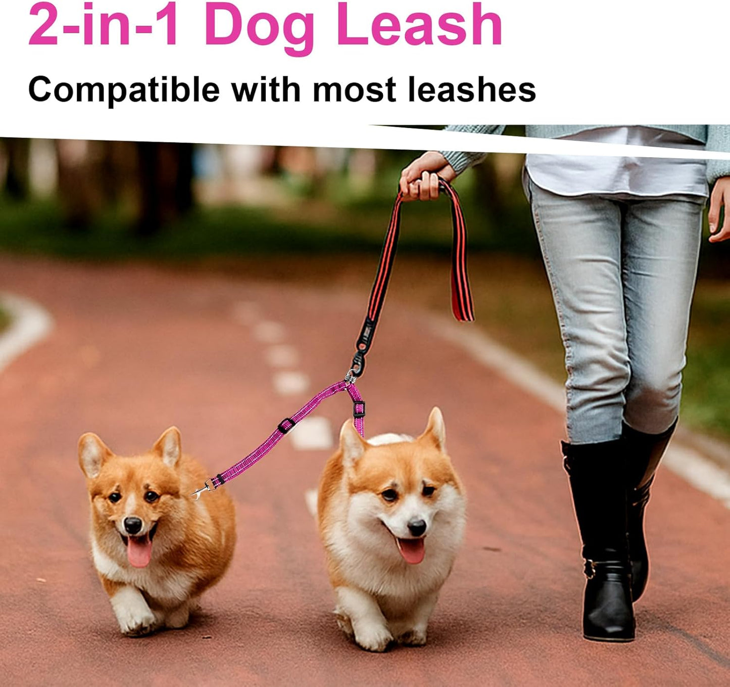 Mingxpet Double Dog Leash for Two Dogs, No Pull Dog Leash, 360° Swivel No Tangle for Small Dogs Walking & Training, Shock Absorbing Reflective Bungee, Rose