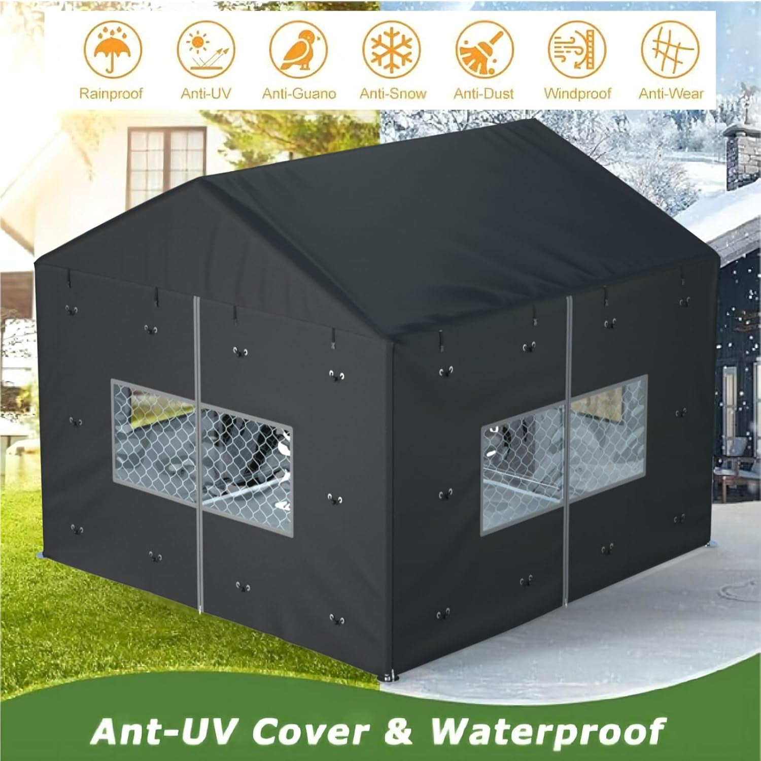 Outdoor Dog Kennel Cover Full Coverage for 10'Dx10'Wx7'H Dog Cages,600D Heavy Duty Waterproof Large Dog Kennel Cover,(Kennel Not Included) Black