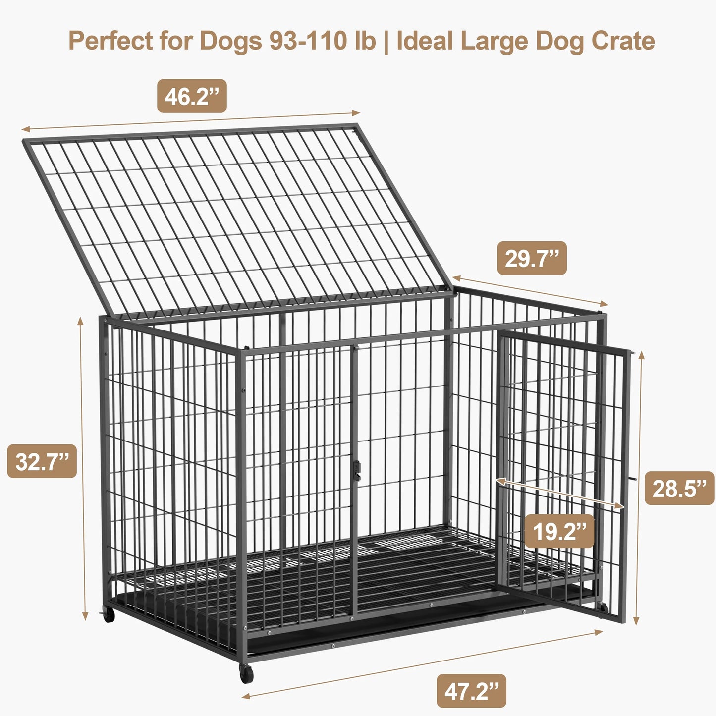 48 Inch Heavy Duty Metal Dog Crate for Large Dogs with Removabletray, Double Door, Extra Large Dog Kennel for Yard Indoor Outdoor