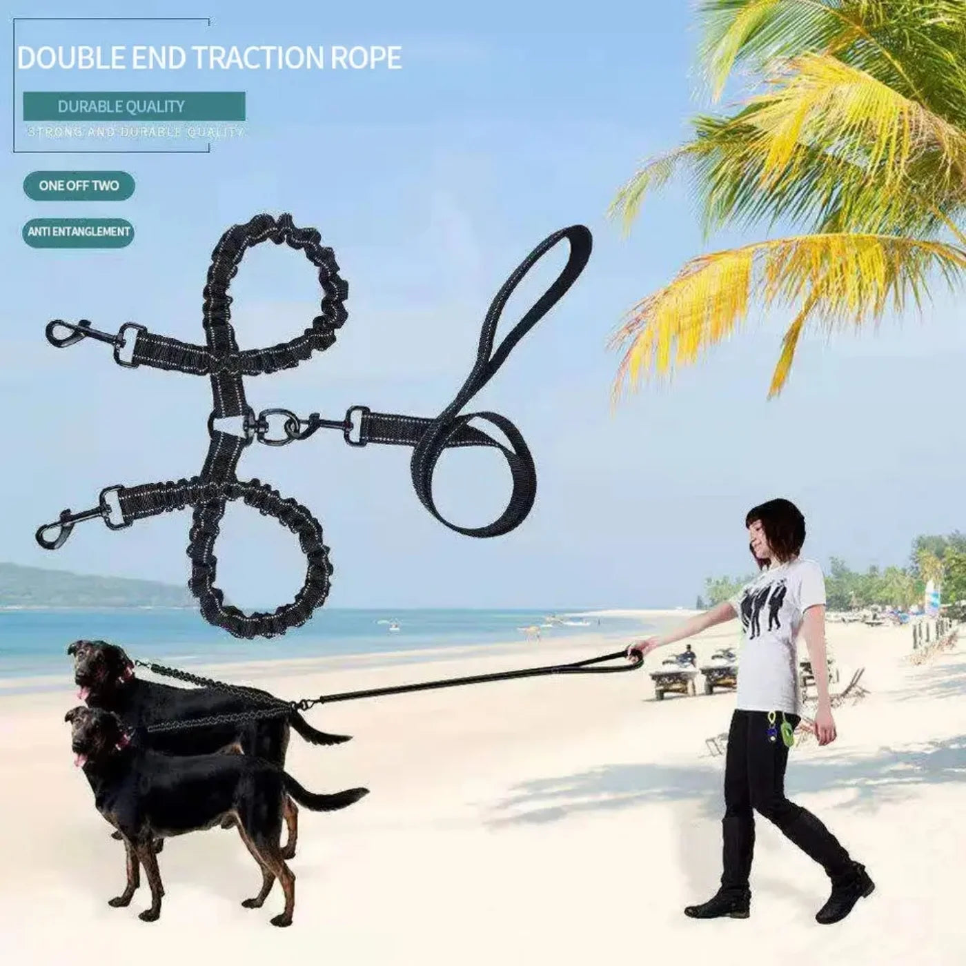 Dual Dog Leash, Double Dog Leash, 360 Swivel No Tangle Walking Leash, Shock Absorbing Bungee for Two Dogs, Black, Large (25-120 Lbs)