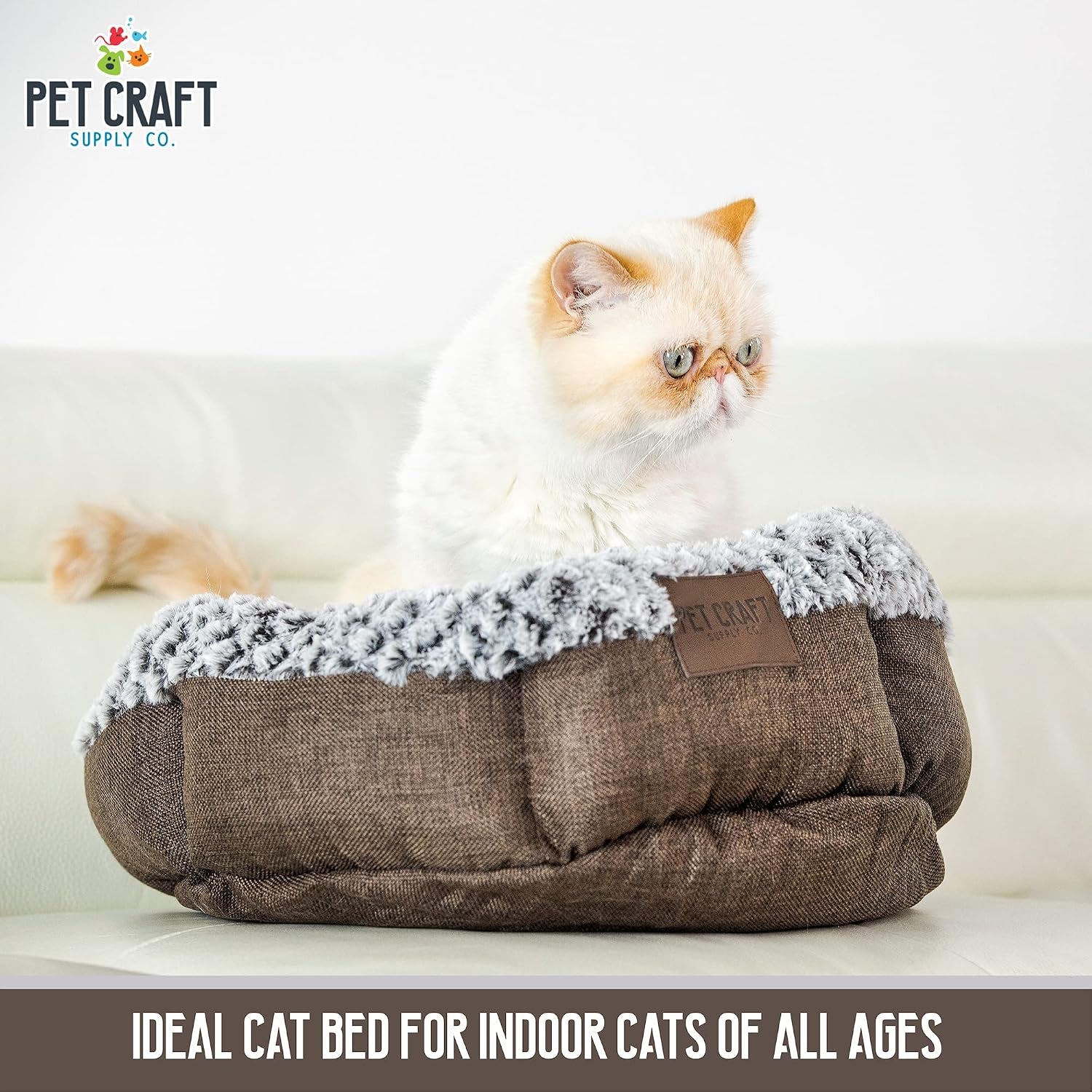 Soho round Cat Bed for Indoor Cats, Ultra Soft Plush, Memory Foam, Machine Washable, Calming Cat Bed,Brown, Small