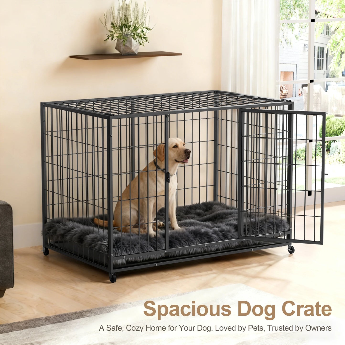 48 Inch Heavy Duty Metal Dog Crate for Large Dogs with Removabletray, Double Door, Extra Large Dog Kennel for Yard Indoor Outdoor