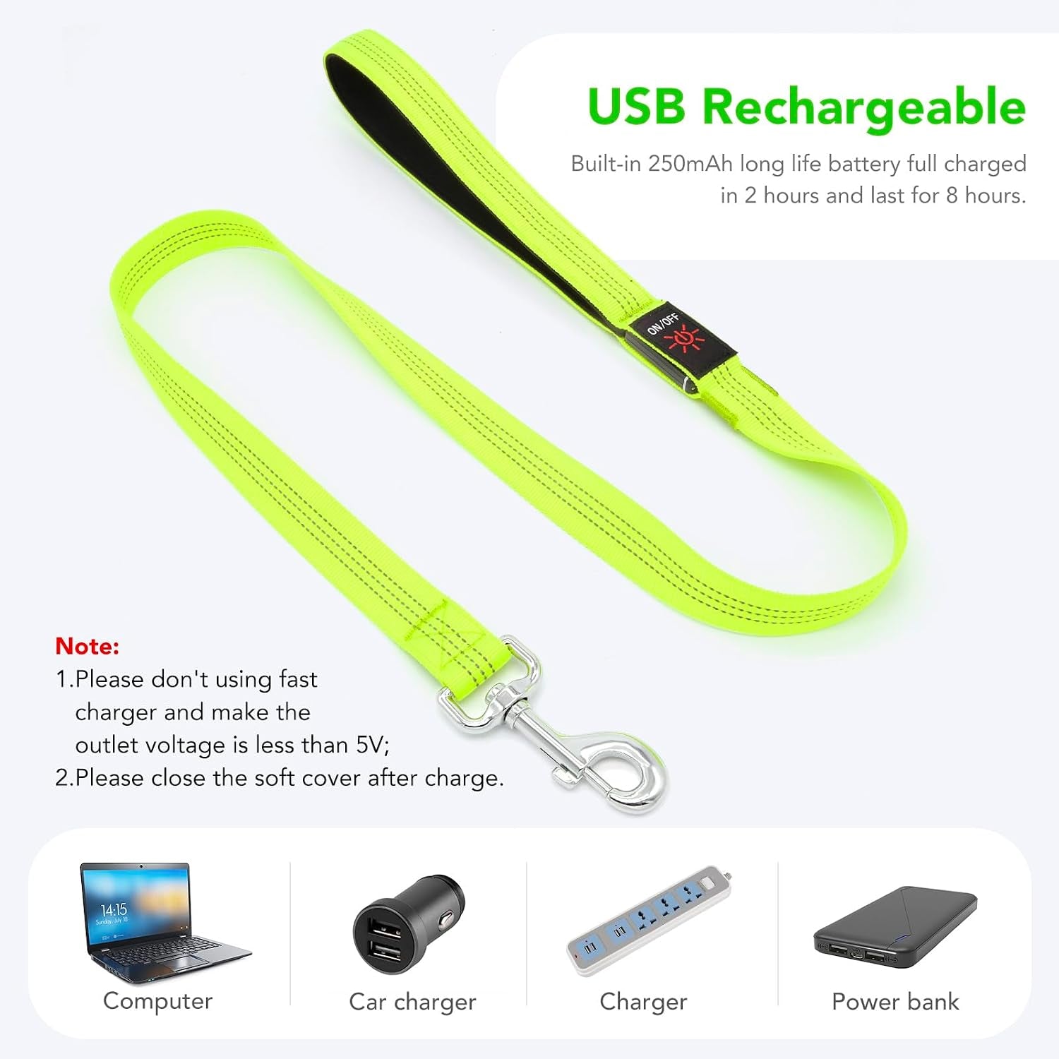 Light up Dog Leash, LED Pet Leashes USB Rechargeable, Glow Safety Dogs Lights at Night (4Ft,Green-New)