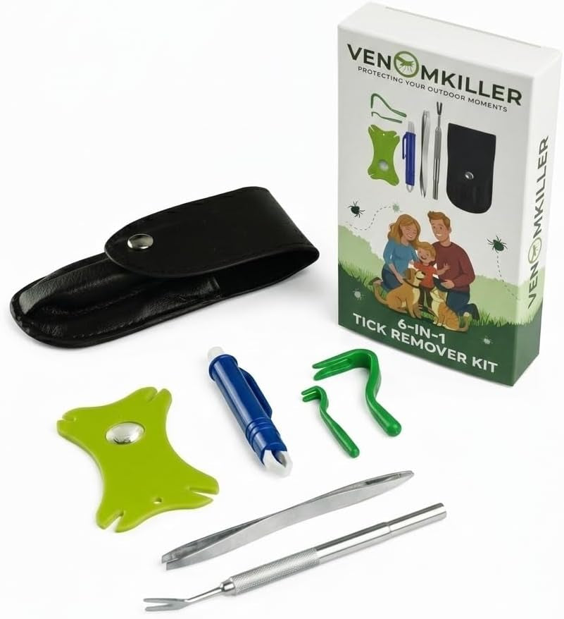 6-In-1 Tick Remover Kit – Tick Removal Tool Set with Stainless Steel Tick Tweezers, Tick Card, Hooks & Leather Case – Tick Remover for Dogs, Cats & Humans