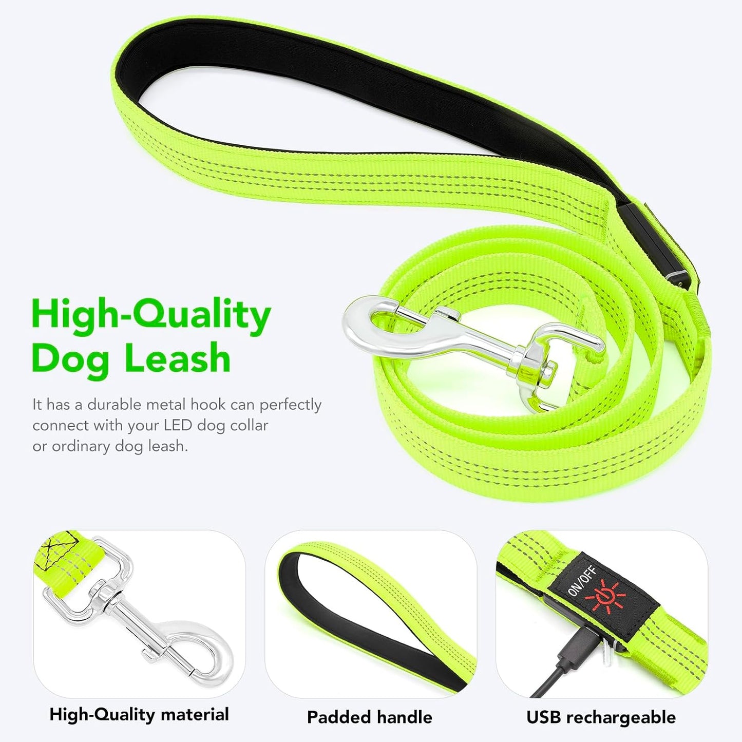 Light up Dog Leash, LED Pet Leashes USB Rechargeable, Glow Safety Dogs Lights at Night (4Ft,Green-New)