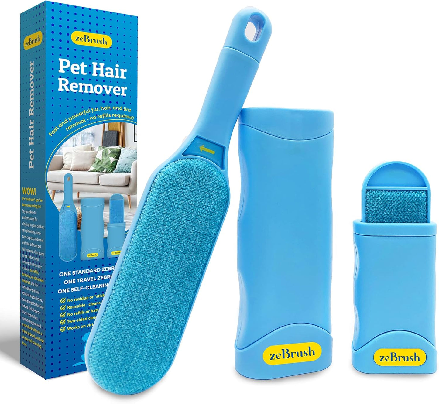 Pet Hair Remover, Reusable Pet Hair Remover, No Refill, No Waste, Double-Sided, Handheld Fur Brush Remover, Easy to Clean Hair, Best Hair Remover for Dog and Cat, Ze02, Blue