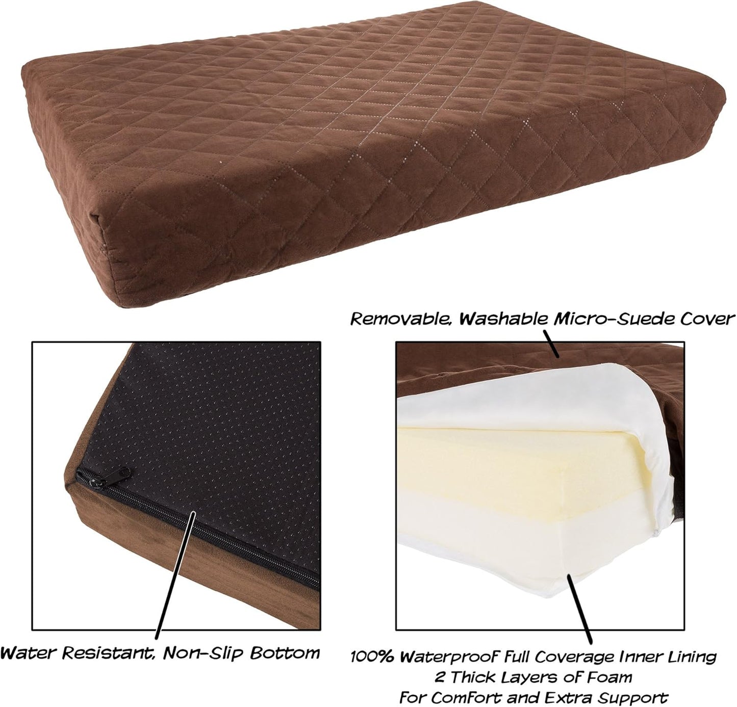 Waterproof Dog Bed - 2-Layer Memory Foam Pet Pad with Removable Machine Washable Cover - 30X21 Crate Mat for Dogs or Puppies by  (Brown)