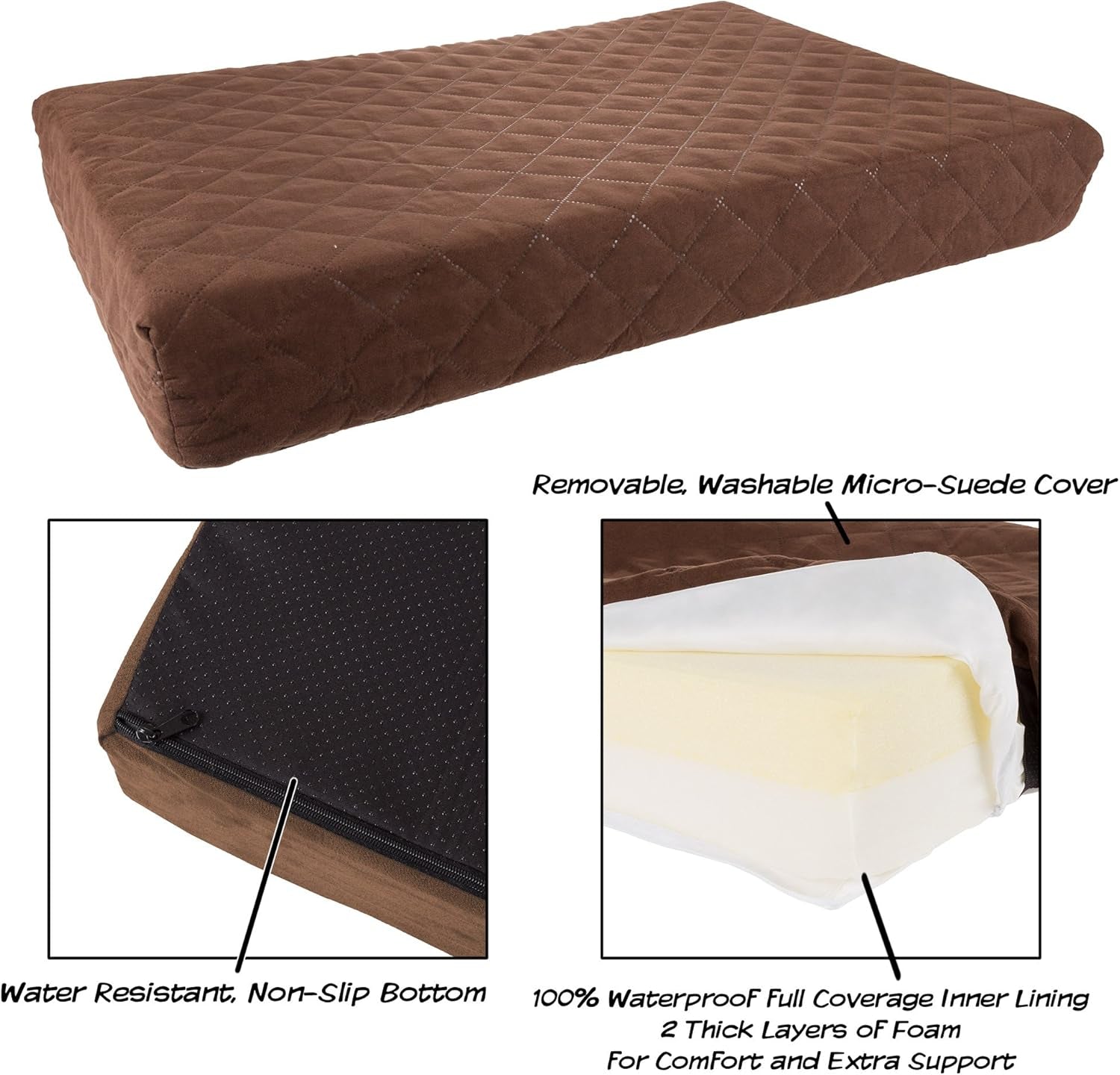 Waterproof Dog Bed - 2-Layer Memory Foam Pet Pad with Removable Machine Washable Cover - 30X21 Crate Mat for Dogs or Puppies by  (Brown)