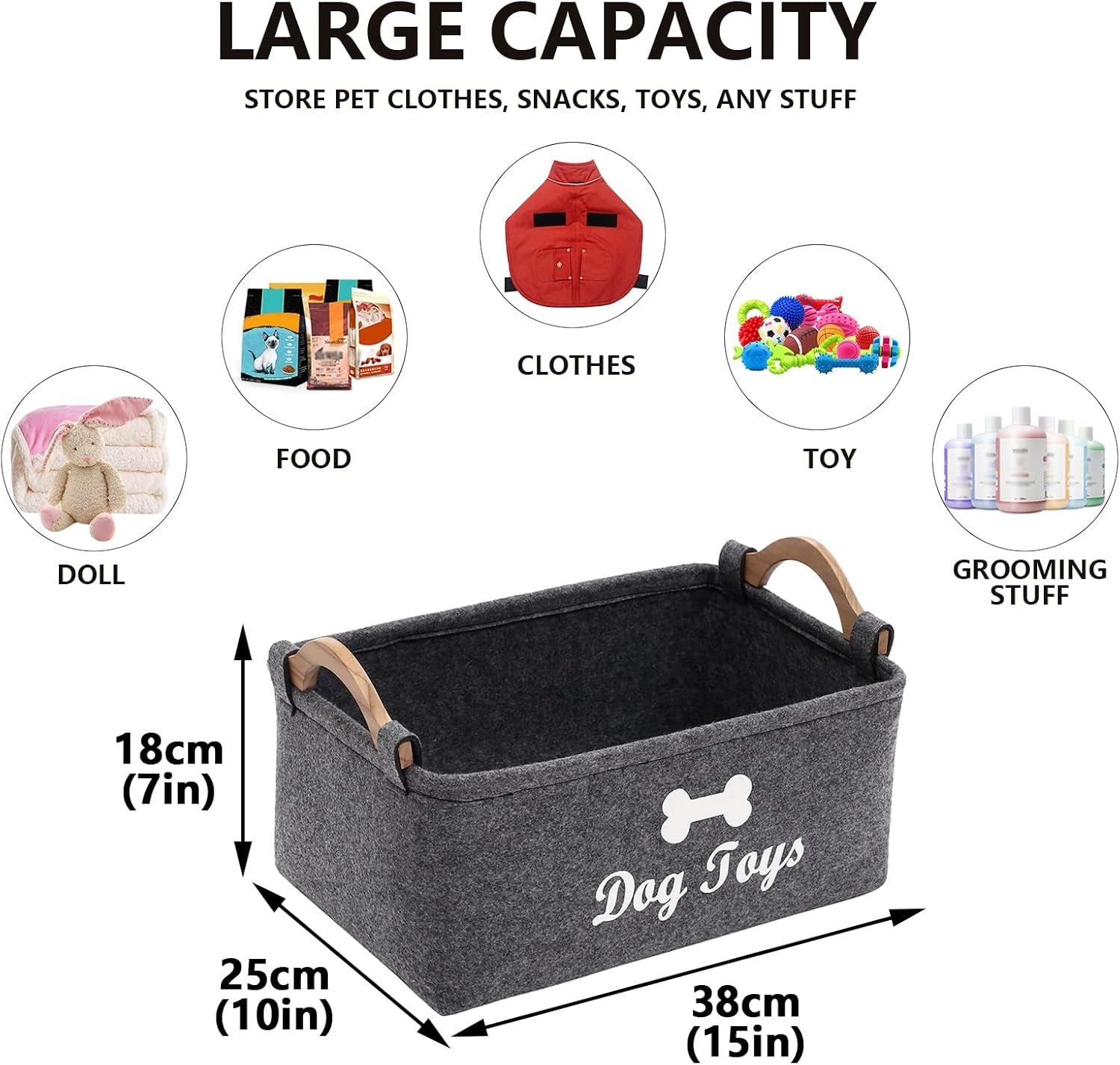 Felt Pet Toy Box and Dog Toy Box Storage Basket Chest Organizer - Perfect for Organizing Pet Toys, Blankets, Leashes and Food - Dog Toy - Grey