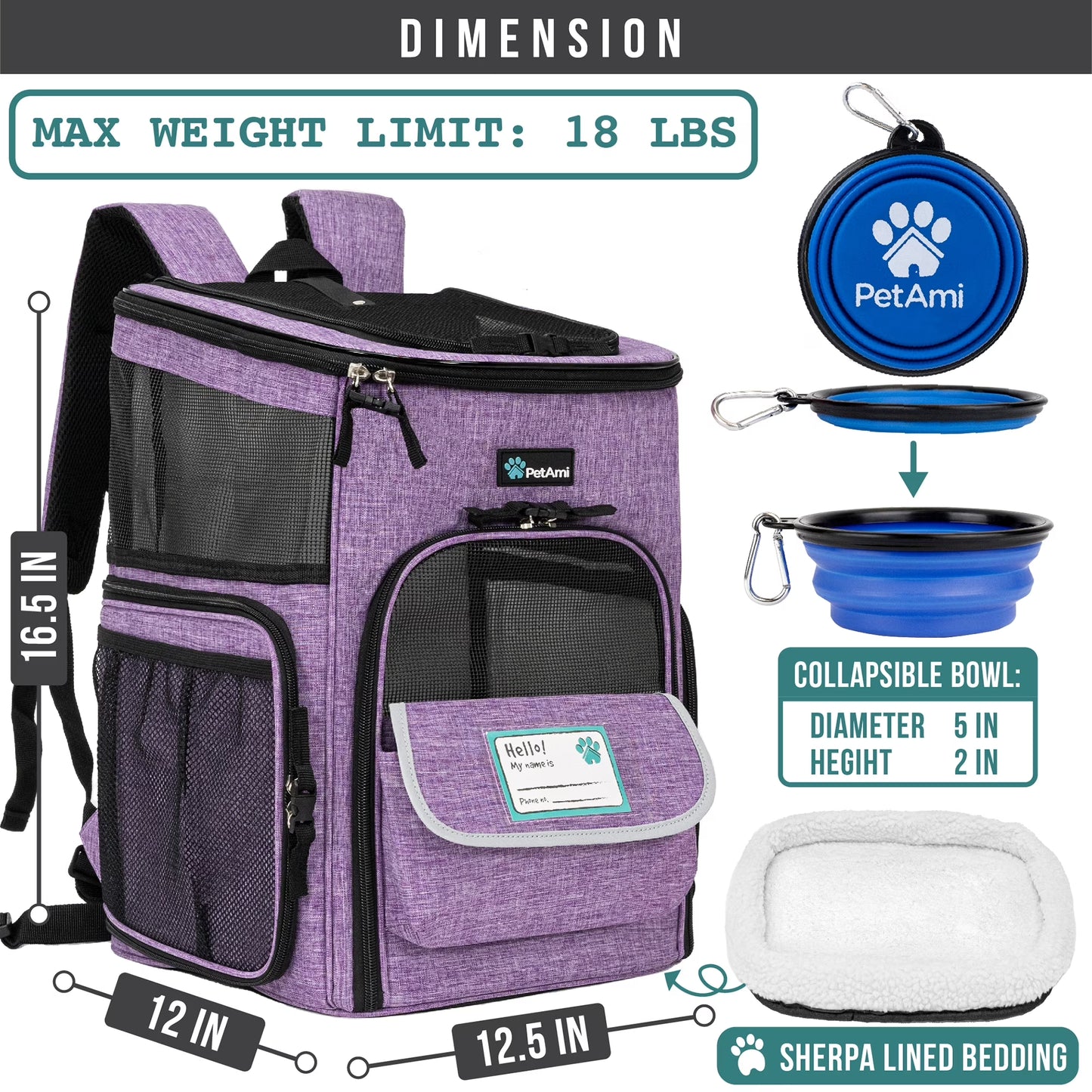 Dog Backpack Carrier, Airline Approved Cat Backpacks for Carrying Small Large Cats, Pet Carrier Back Pack, Ventilated Soft Sided for Travel, Hiking, Camping, Max 18 Lbs, Purple