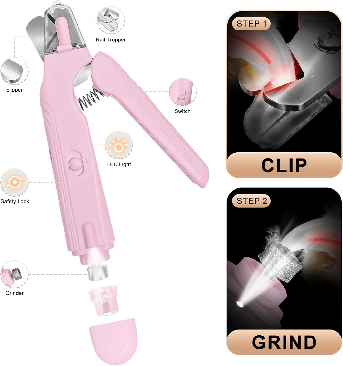 2-In-1 Dog Nail Clippers and Cat Nail Clippers with Light, Quick Sensor and Safety Guard, USB Rechargeable Pet Nail Trimmer with 2 LED Lights for Large Medium Small Dogs and Cats (Pink)