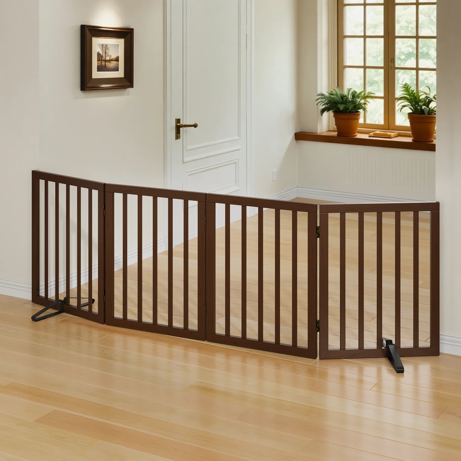 Bamboo Dog Gate Freestanding 4 Panel Pet Gate for Doorways, 2 Support Feet, Espresso