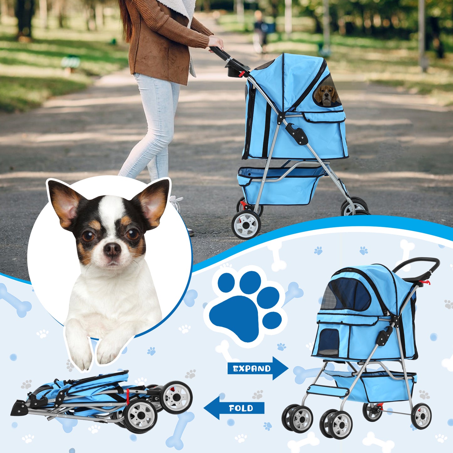 4 Wheels Pet Stroller Folding Cat Dog Stroller Travel Carrier with Cup Holder & Storage Basket, Blue