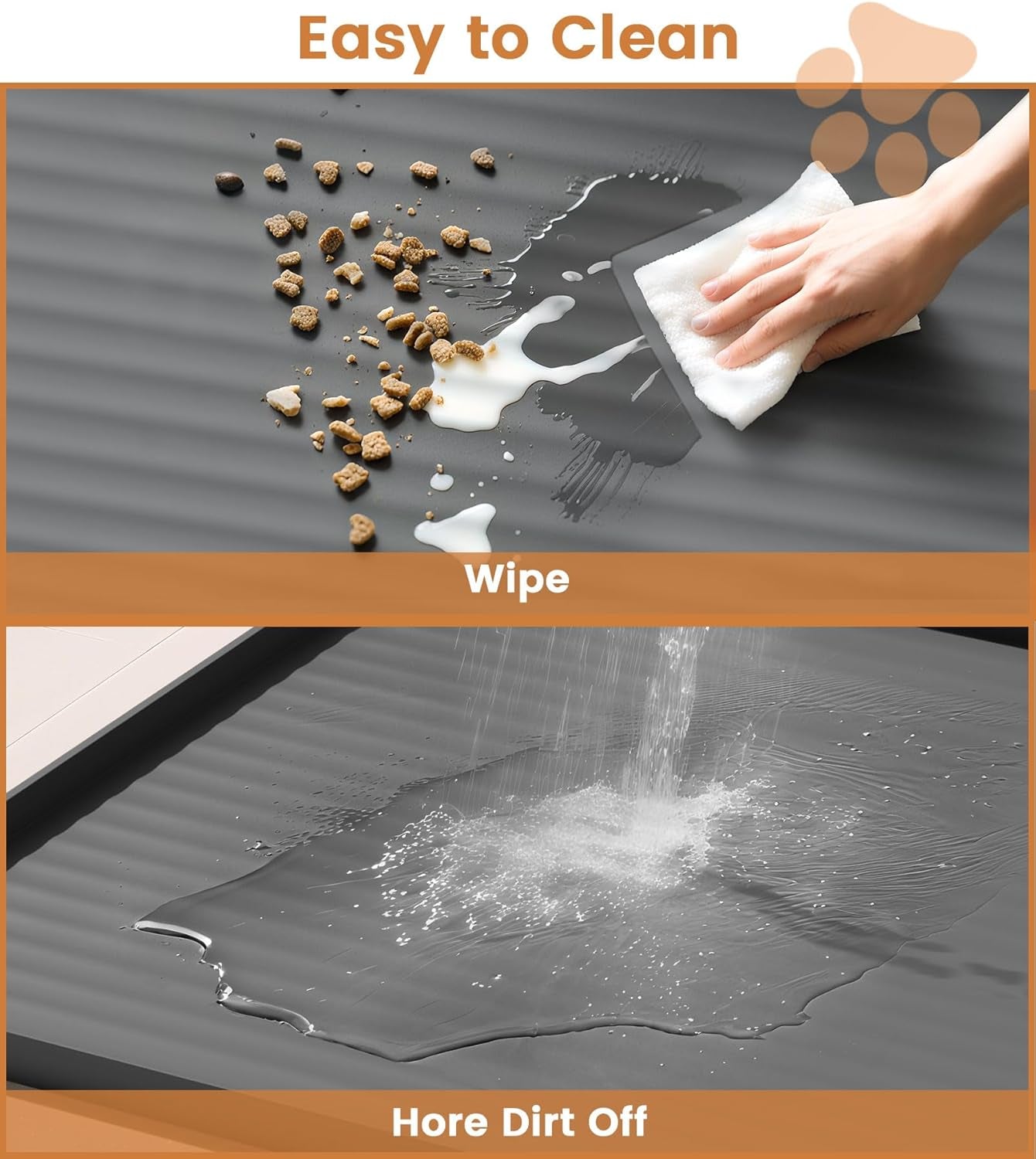 Dog Food Mat 36"X24", Waterproof Pet Feeding Mat with Diversion Grooves and Raised Edges, Large Non-Slip Dog Bowl Mat for Food and Water, Cat Food Mat for Floors, Easy to Clean, Grey
