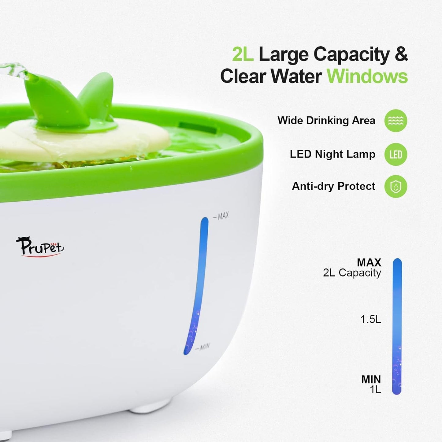 Cat Water Fountain, 2L Pet Drinking Dispenser, Automatic Dog Water Fountain Water Bowl with Filter, LED Light and Anti-Dry Protect