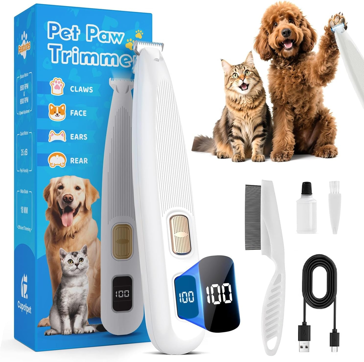 Professional Dog Paw Trimmer with LED Light, New Upgraded 35Db Low-Noise Pet Paw Trimmers for Dog'S Feet, 2-Speed Electric Paw Cleaner Grooming Clippers for Dogs,Paws, Ears, Face, Rump (White)