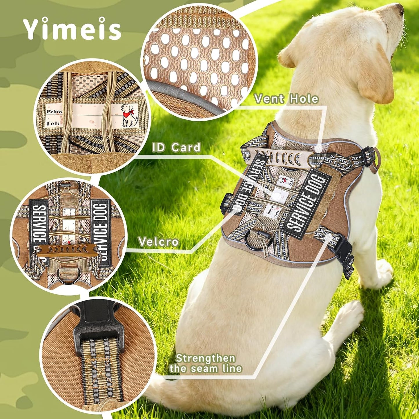 Service Dog Tactical Vest Harness and Leash Set Medium Sized Dog Emotional Support- Tactical Dog Harness Training Collar with Name (Khaki, M)