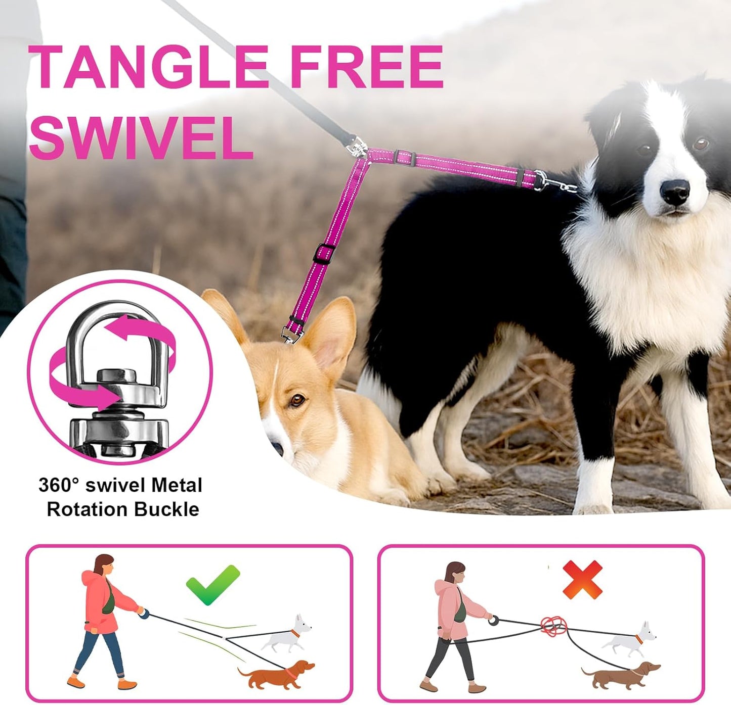 Mingxpet Double Dog Leash for Two Dogs, No Pull Dog Leash, 360° Swivel No Tangle for Small Dogs Walking & Training, Shock Absorbing Reflective Bungee, Rose