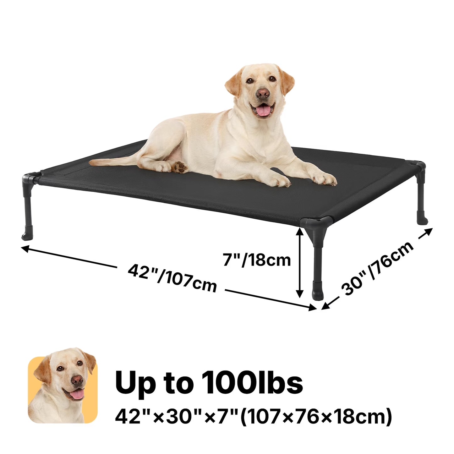 Cooling Elevated Dog Bed, Portable Raised Pet Cot with Washable Mesh, 42"X30", Black