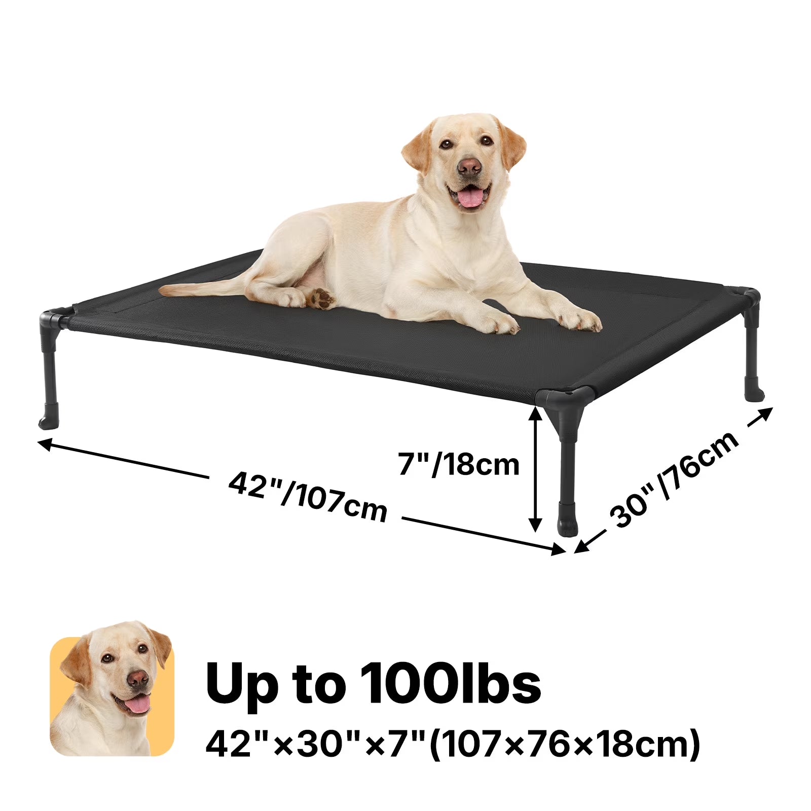 Cooling Elevated Dog Bed, Portable Raised Pet Cot with Washable Mesh, 42"X30", Black