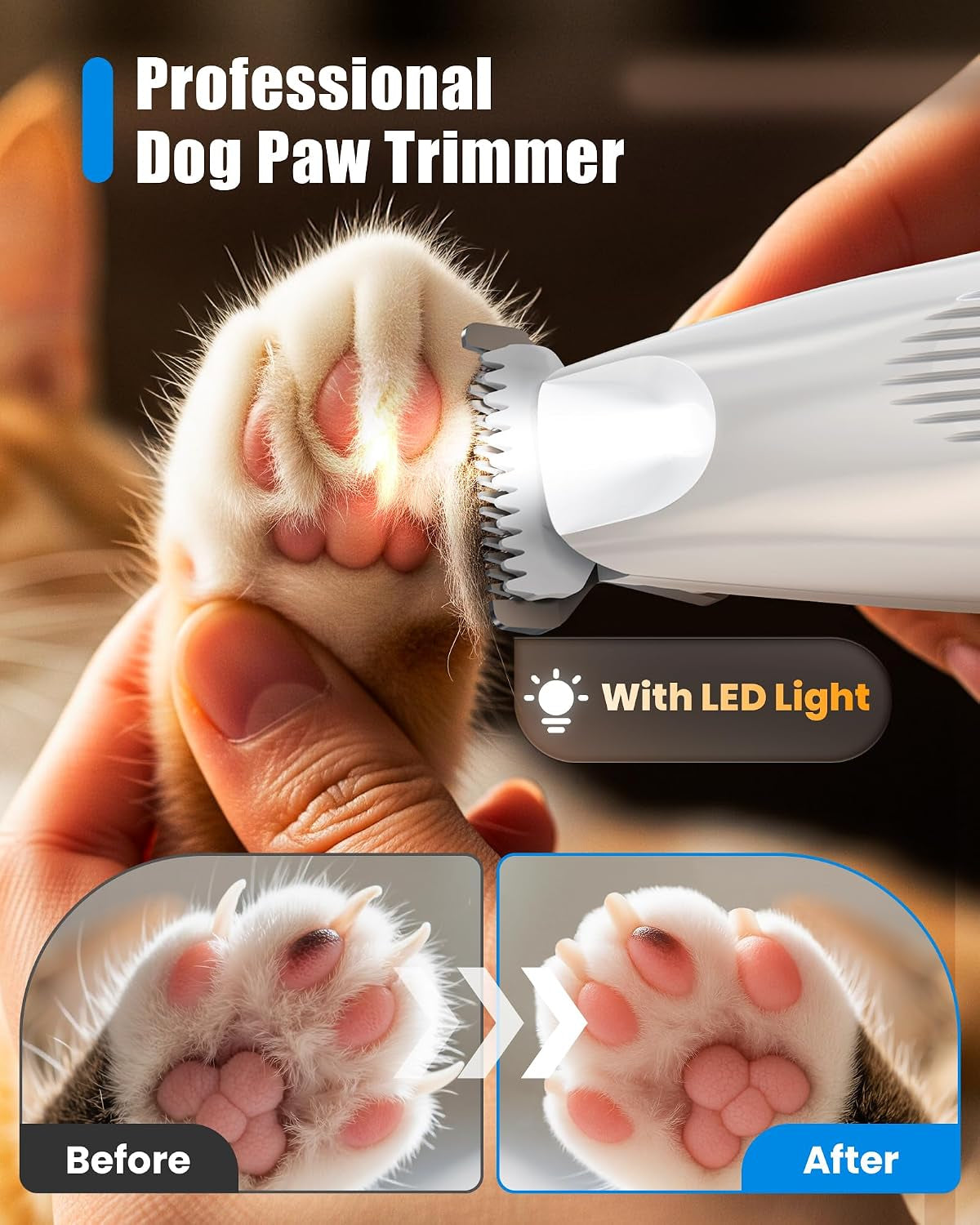 Professional Dog Paw Trimmer with LED Light, New Upgraded 35Db Low-Noise Pet Paw Trimmers for Dog'S Feet, 2-Speed Electric Paw Cleaner Grooming Clippers for Dogs,Paws, Ears, Face, Rump (White)