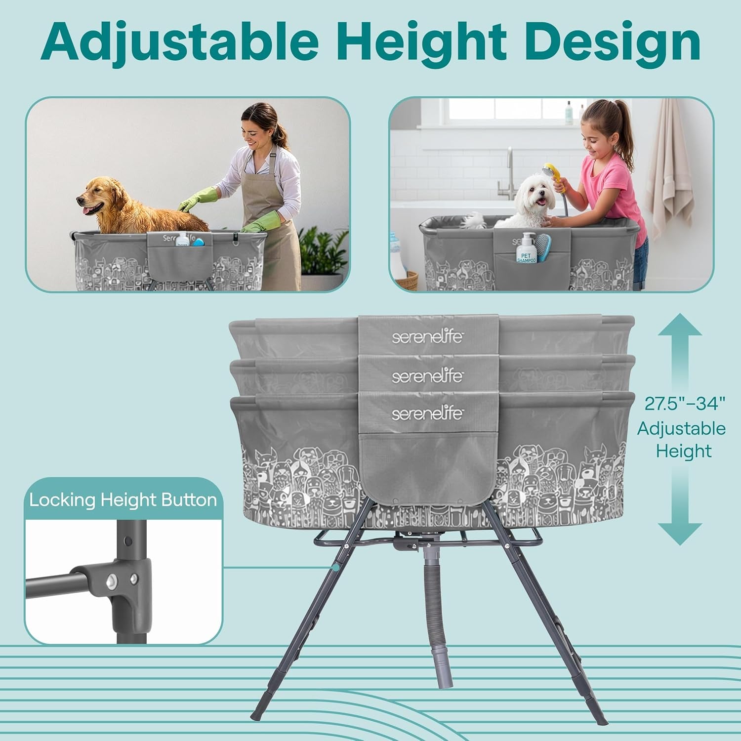 Foldable Dog Bath Tub with Adjustable Height, 360° Access, Drain Hose & Storage Pockets – 130 Lb Capacity Grooming Station for Indoor/Outdoor Use (Gray)