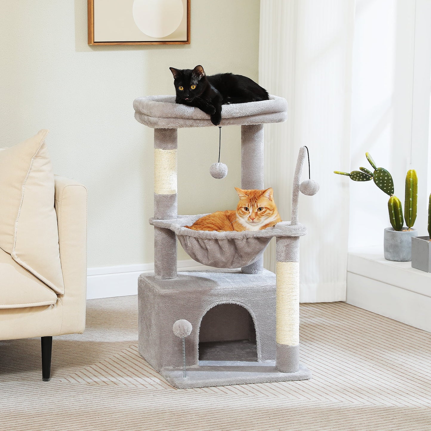 Cat Tree 33" Cat Scratching Posts Tower with Large Top Perch and Hammock for Medium Indoor Cats, Gray