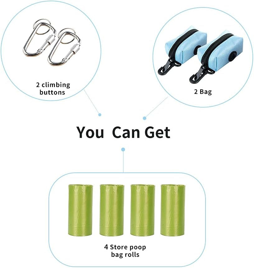 Dog Poop Bag Dispenser,2 Pack Poop Bag Holder Leash Attachment with Free Rolls Dog Poop Waste Bags and D-Ring- Lightweight & Soft, Great for Walking, Running Hiking (Bule)